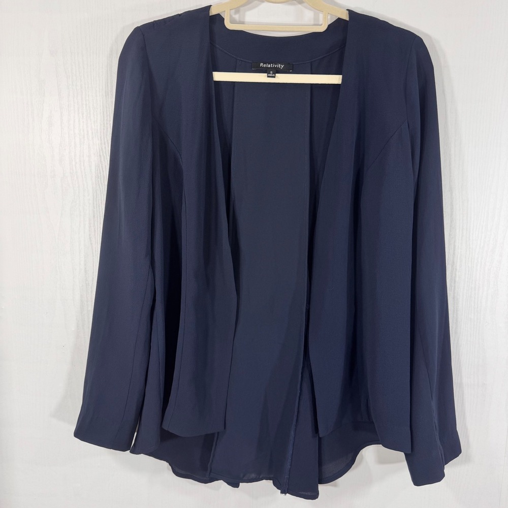 Relativity Women Tie Back Cardigan Top Small‎ Blue Long Sleeve Flowy Open Front